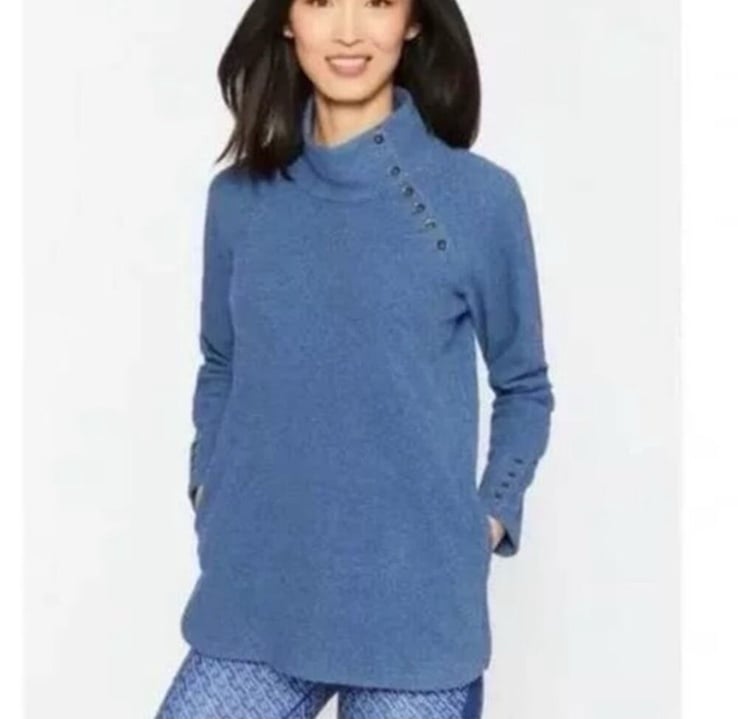 J McLaughlin Blue Fleece Marisa Pullover Top Medium Button Funnel Neck Pockets
