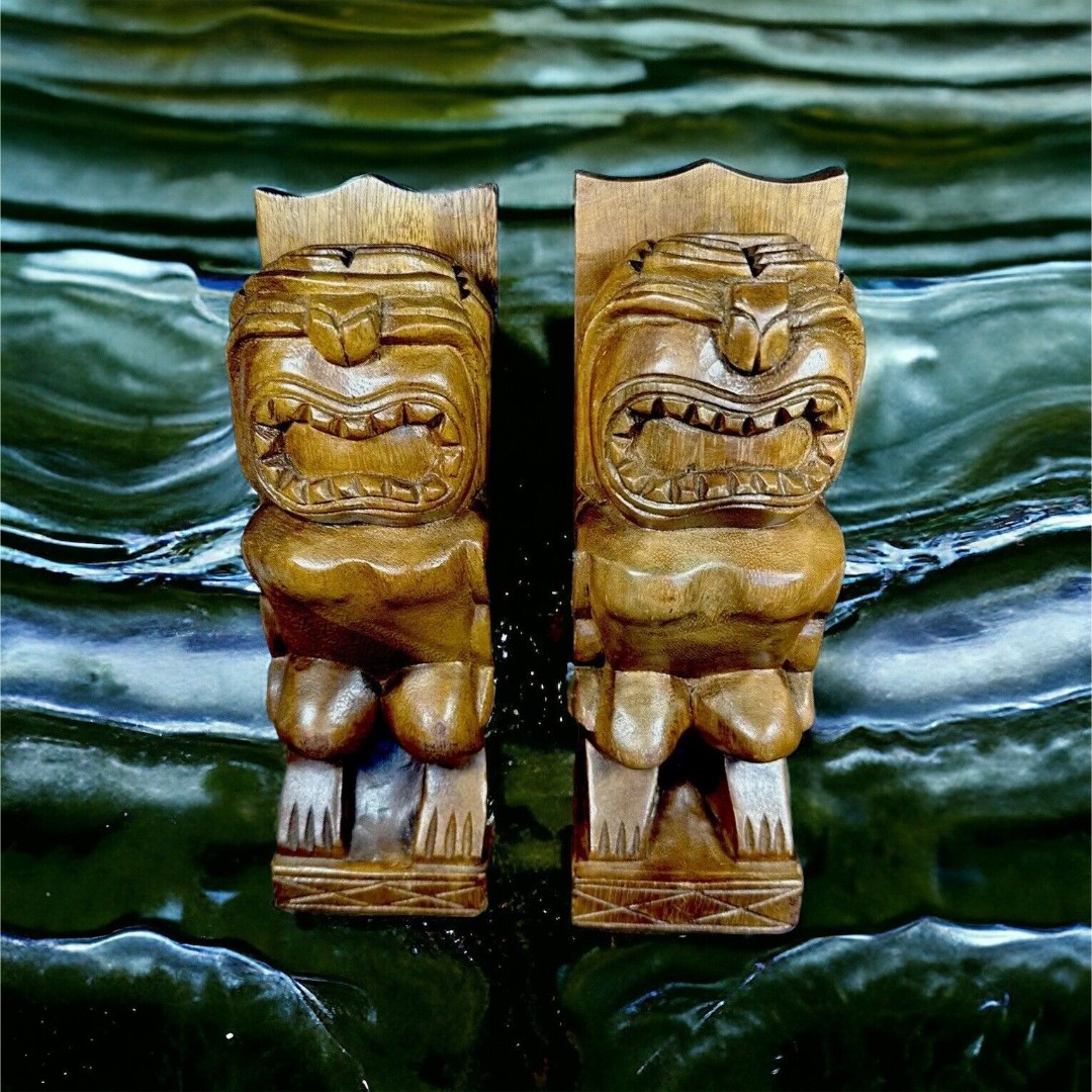 Vintage Alii Woods Of Honolulu Hawaii Monkey Wood Tiki Bookends MCM Boho