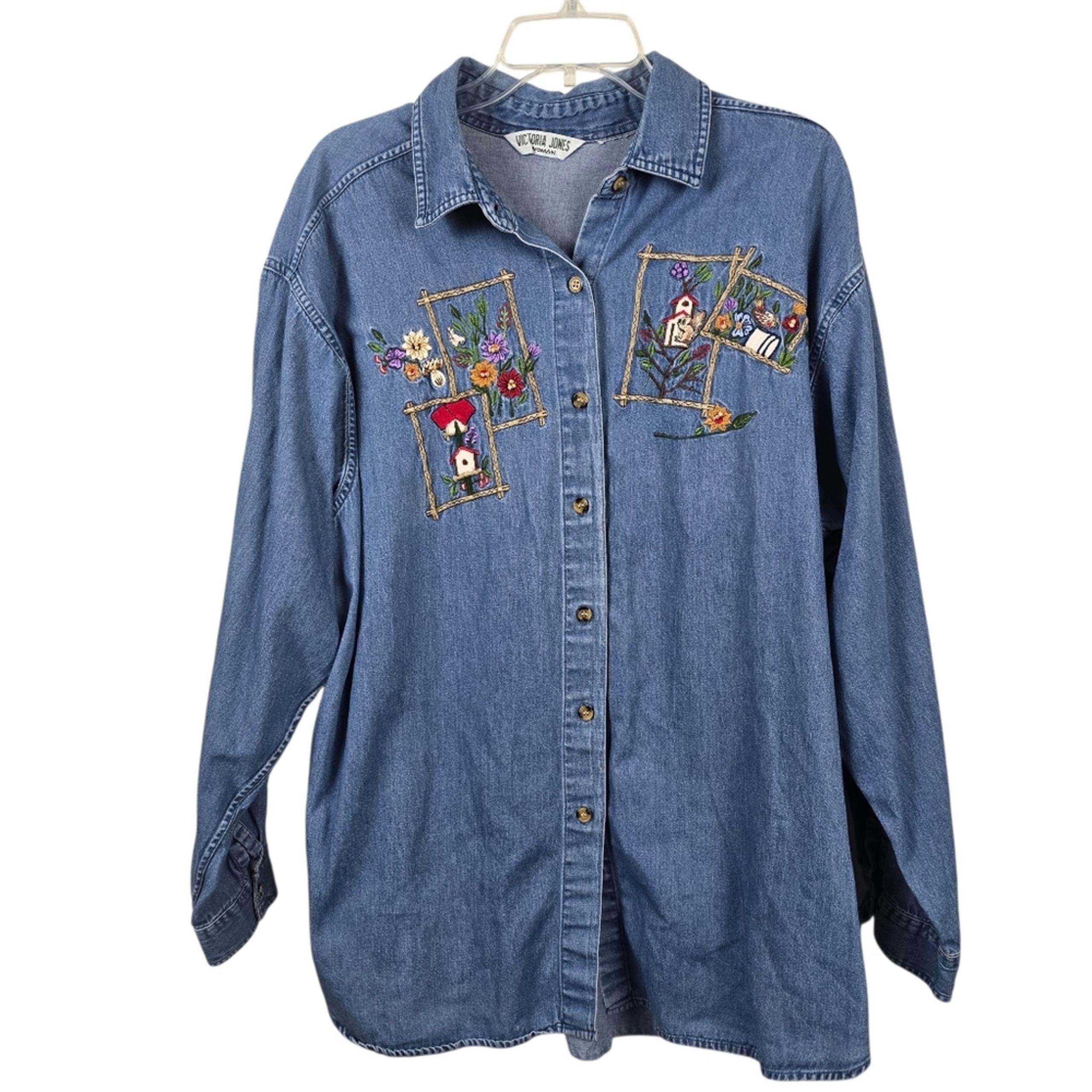 Victoria Jones Woman Denim Chambray Cottage Birds Granny core Vtg 90s Shirt XXL