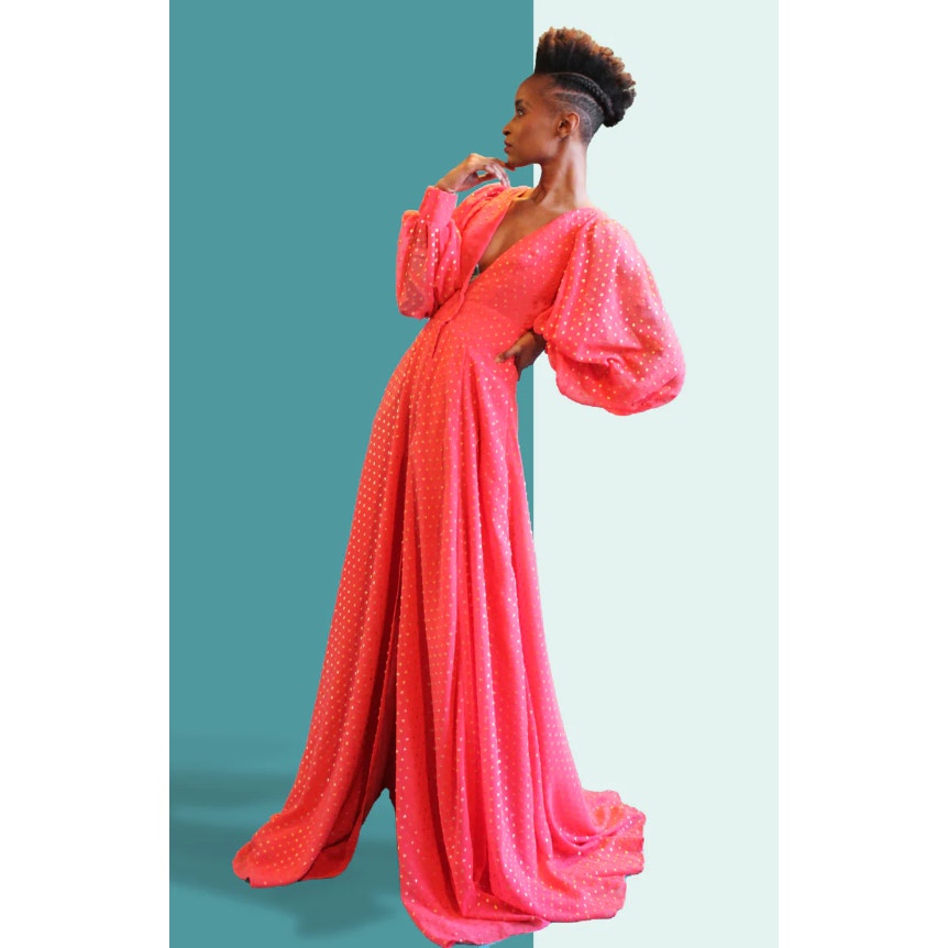 Kimberly Goldson Lesli Clip Dot Long Sleeve Maxi Dress Women's Small Coral NWOT