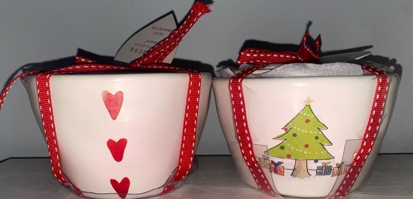Set of 2 Rae Dunn measuring cups watercolor hearts & watercolor Christmas trees