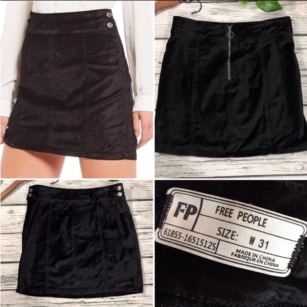 68 Free People Blk Velvet Mini Skirt Back Zip Retro Holidays sz 31