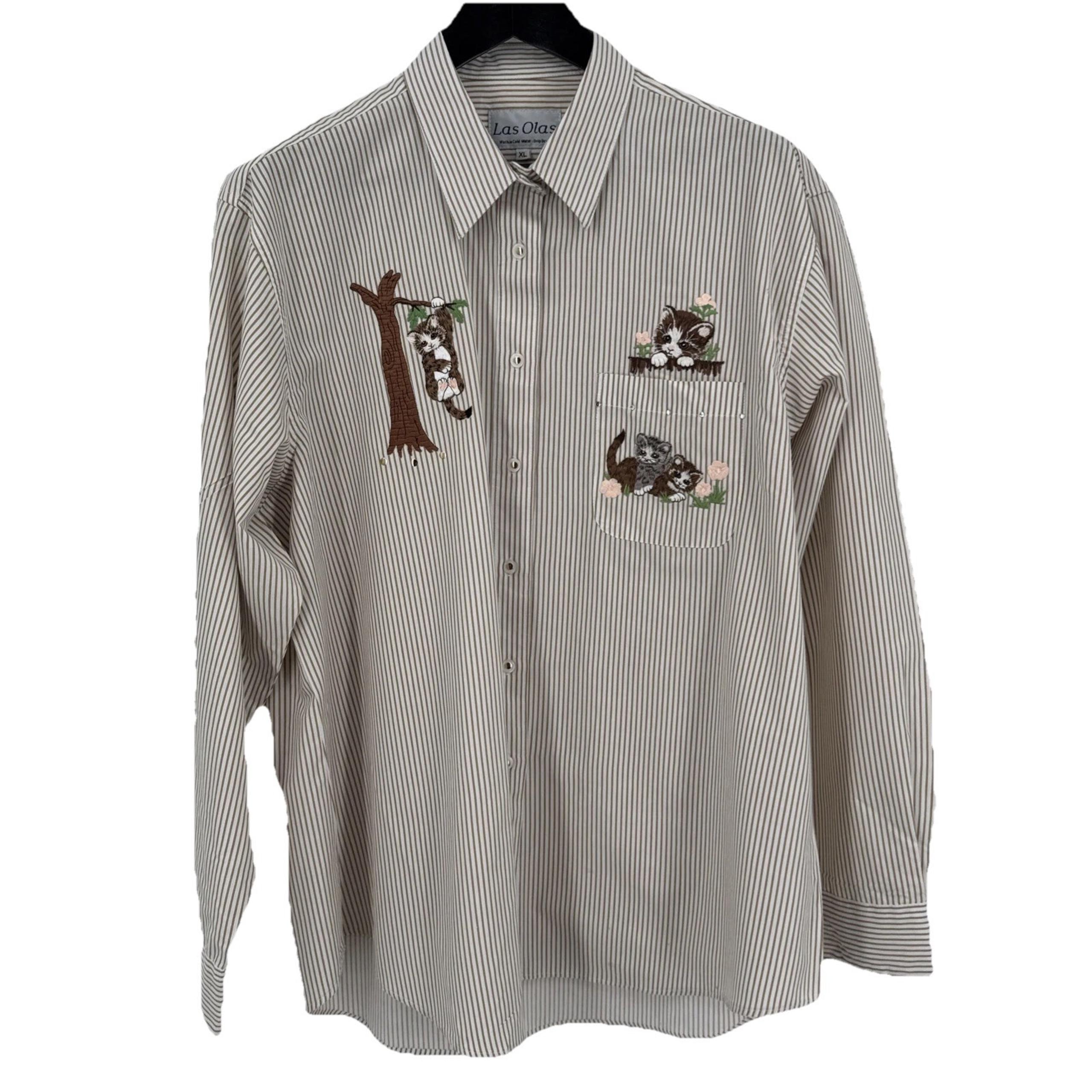 Las Olas Cat Button Down Up Shirt Tan Collared Kitty Patch Womens X-Large