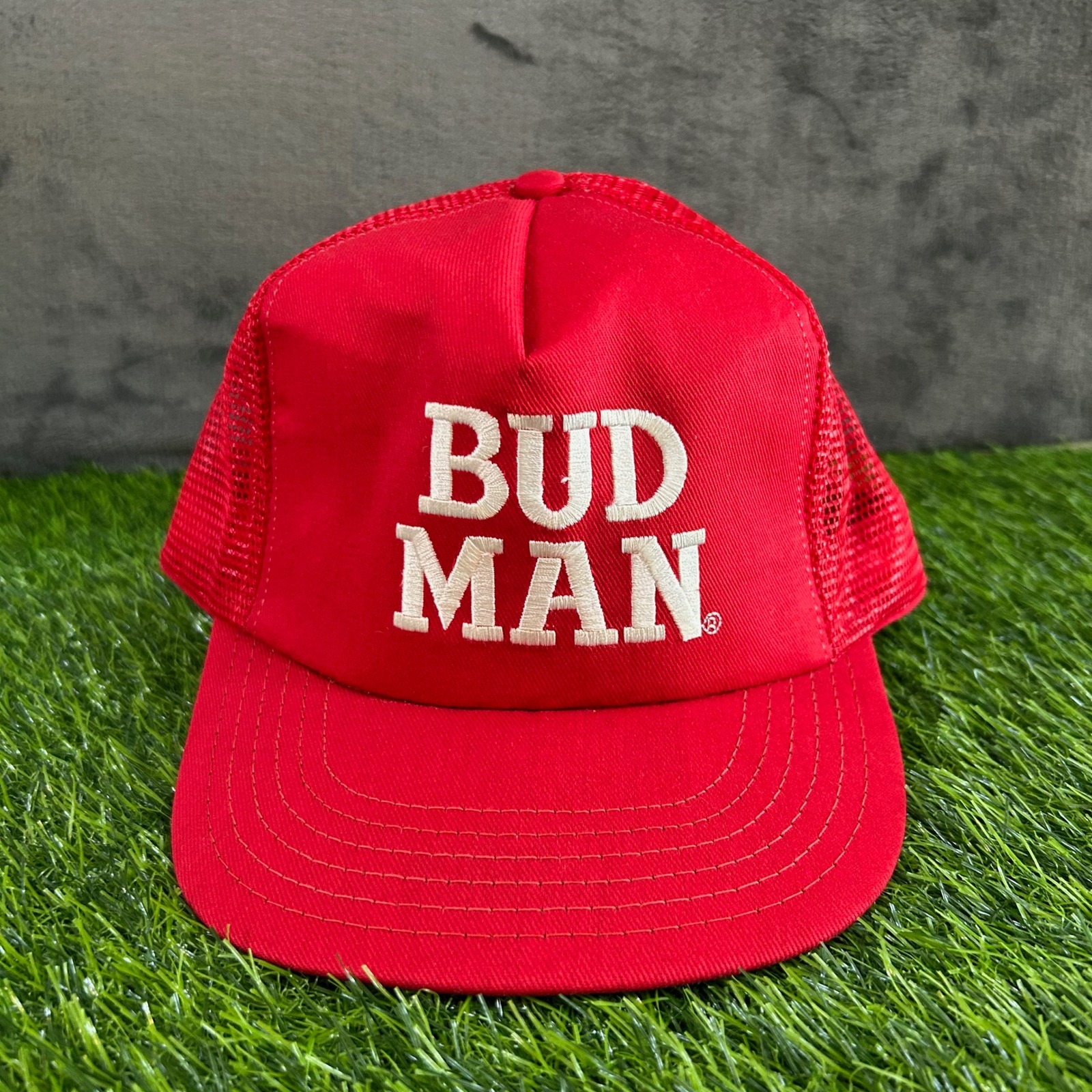 Vintage Budweiser Bud Man Trucker Hat Red Snapback Adult Cap Beer Promo Mens