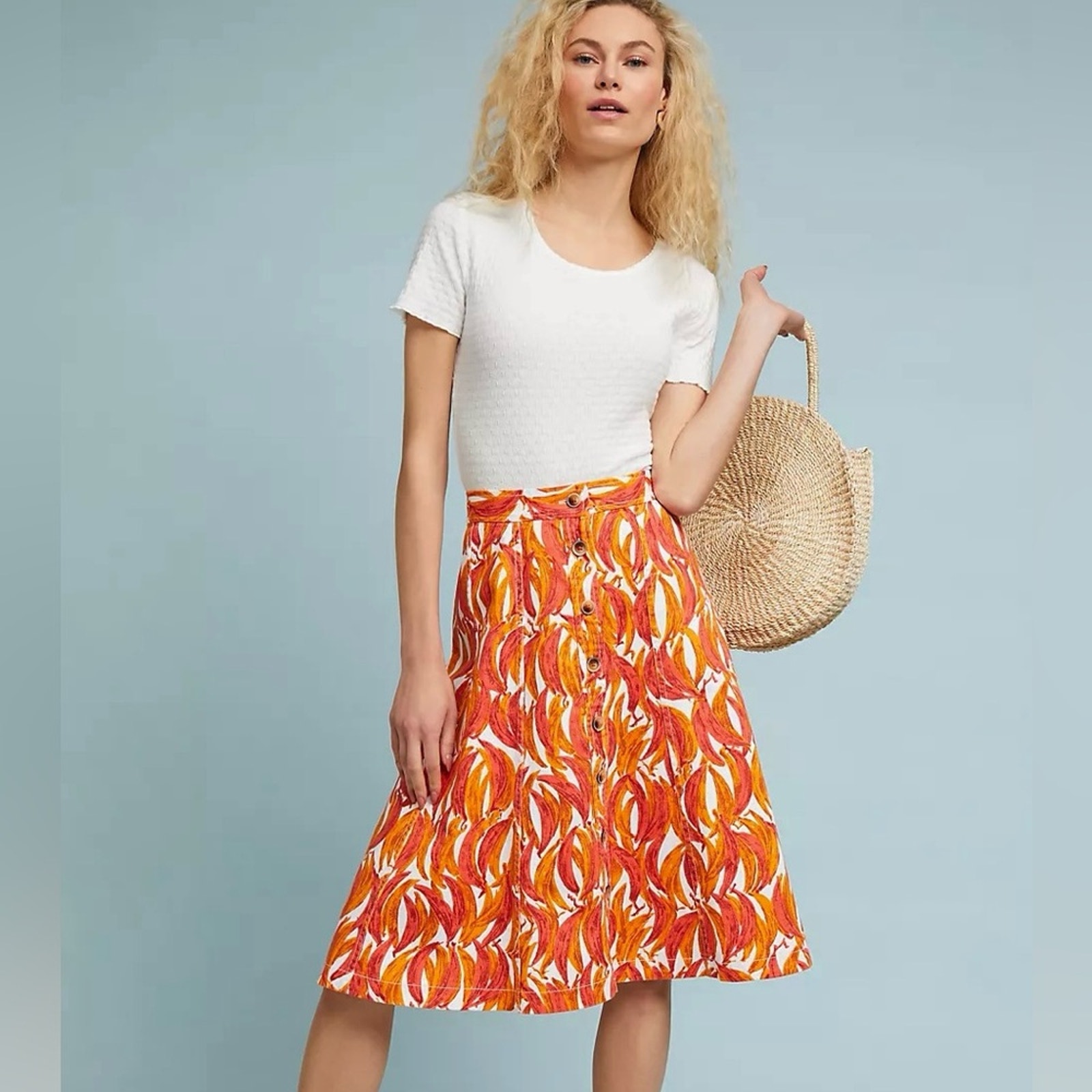 Maeve Anthropologie Orange Yellow Banana Grove Denim Midi Skirt Size 4