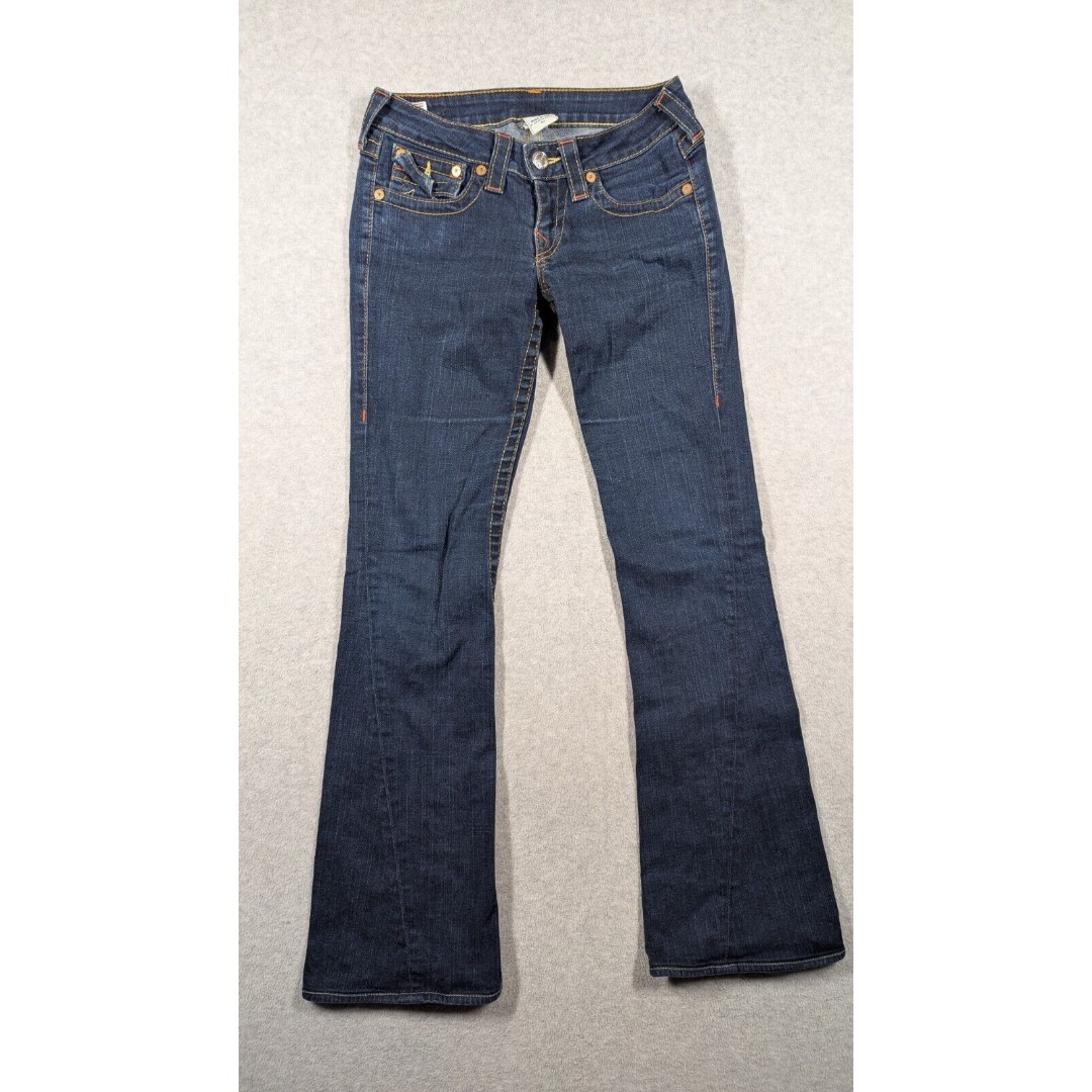 True Religion Women Jeans 27x31 Joey Flare Y2k Flap Pockets Low Rise Dark Wash