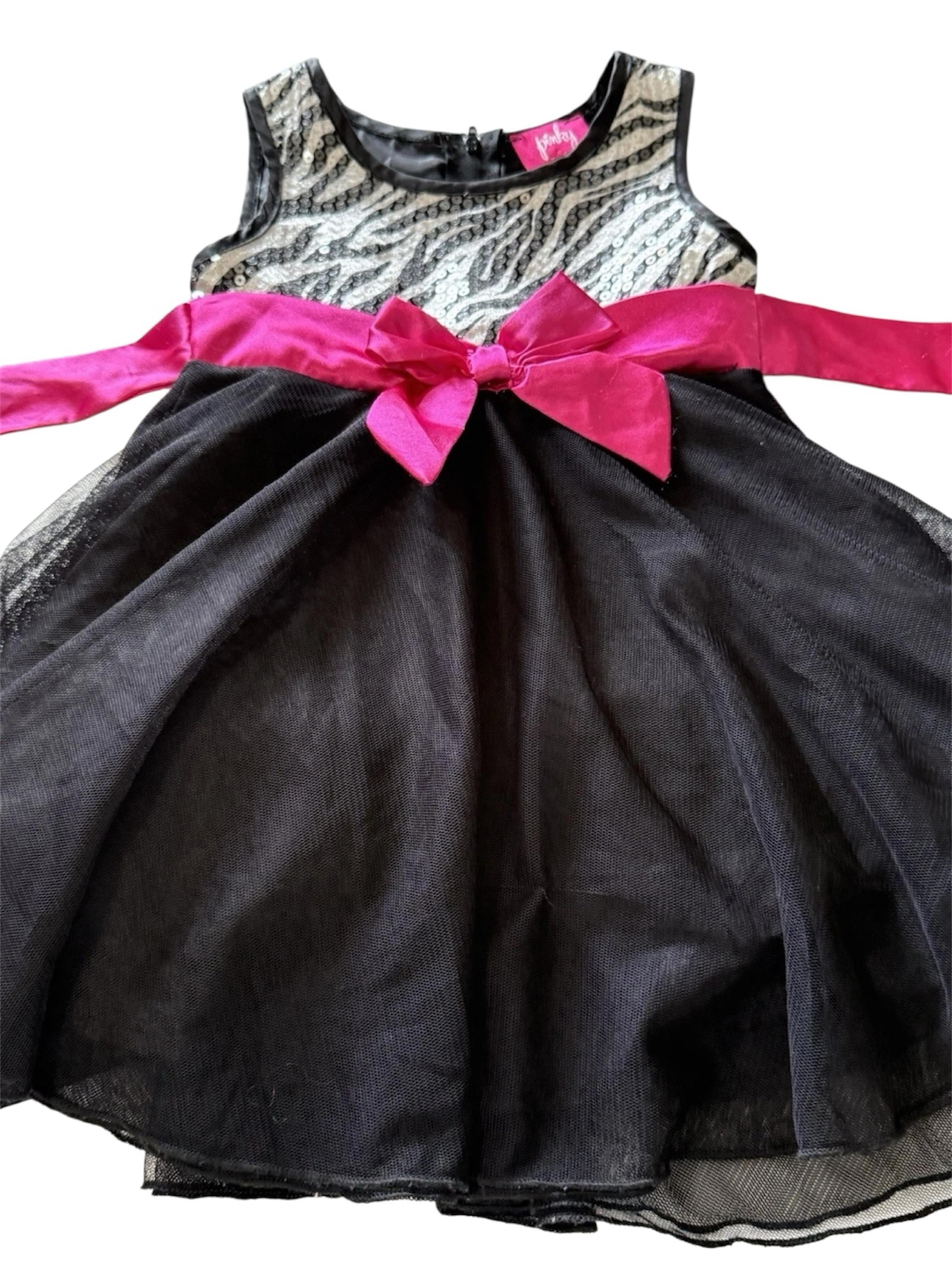 Girl’s 3T Pinky Semi Formal Black Zebra Print Dress Sequins Pink Bow 3 Toddler