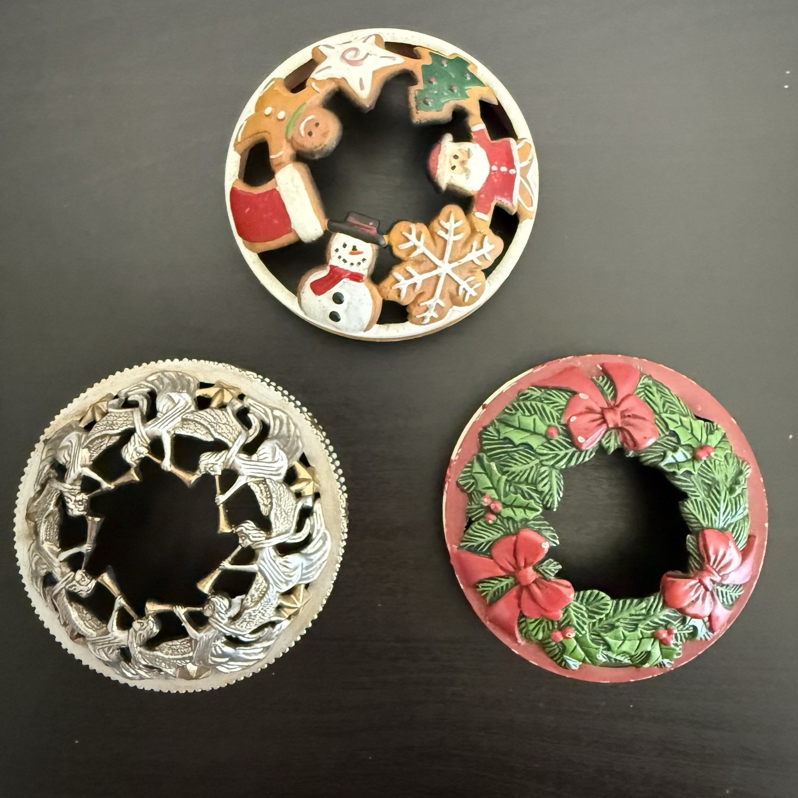 (3) Yankee Candle Christmas Holiday Metal Candle Lid Jar Ring Topper Angel Santa