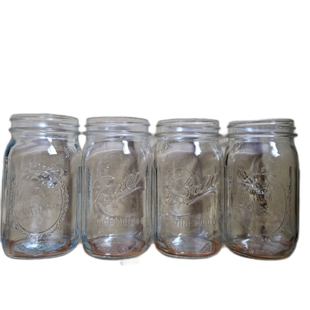 4 Vintage Ball 67 Mason Jars No.5 Genuine Sculptured Glass Embossed Fruit Wide M