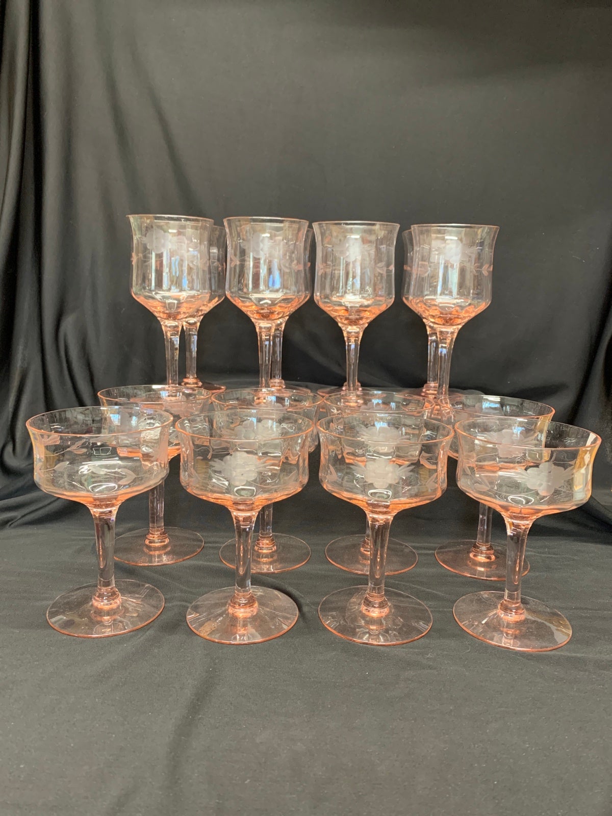 Qty. 16 Vintage Pink Floral Etched glasses