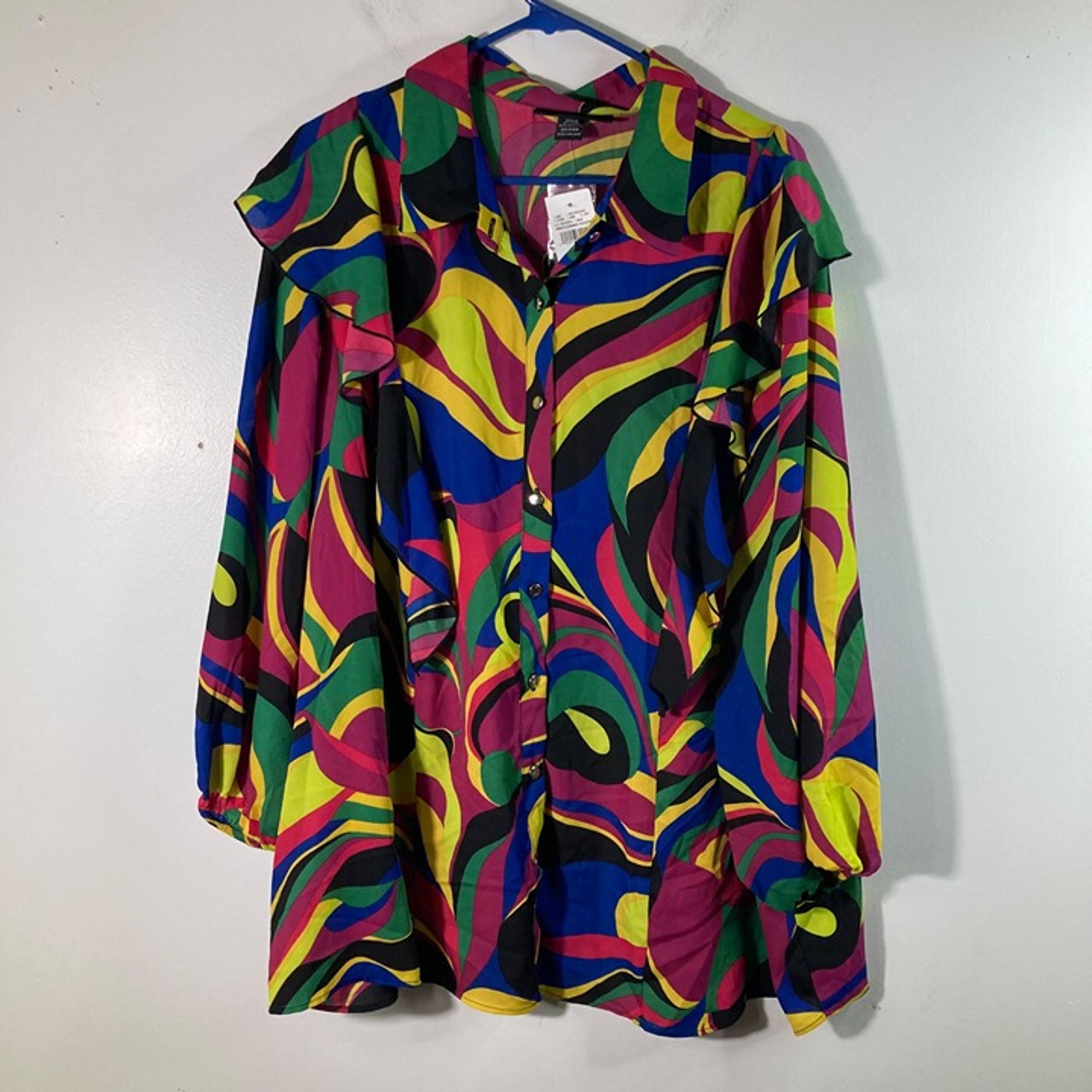 Womens Ashley Stewart Swirl Ruffle Button Blouse Multicolored 22/24W NWT
