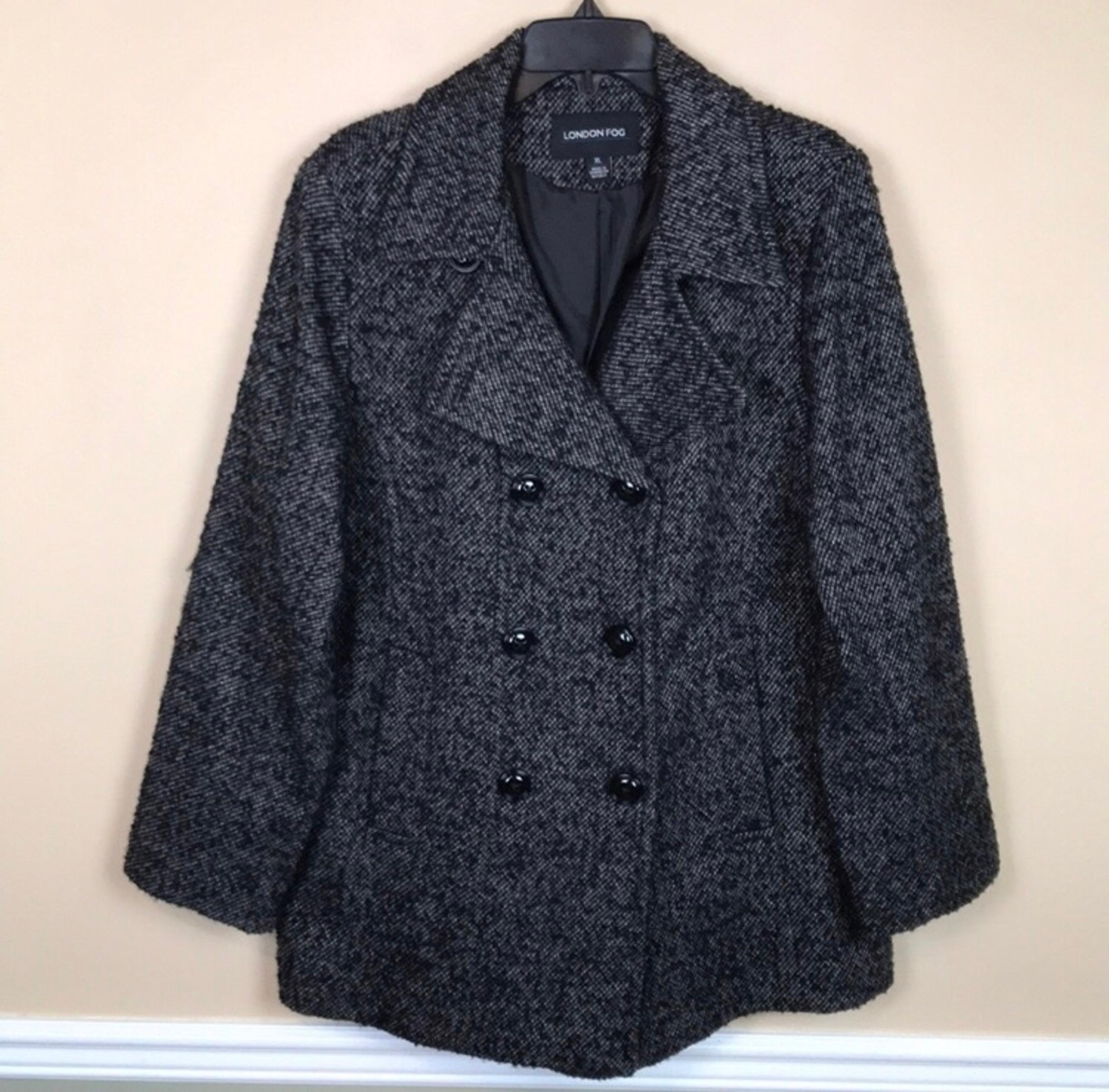 London Fog Women’s Wool Blend Tweed Knit Black Gray Double Breasted Pea Coat