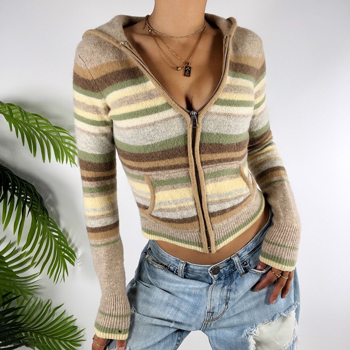 Vintage Y2K Beige Striped Wool Granola Girl Boho Fitted Hooded Zip Jacket /Small