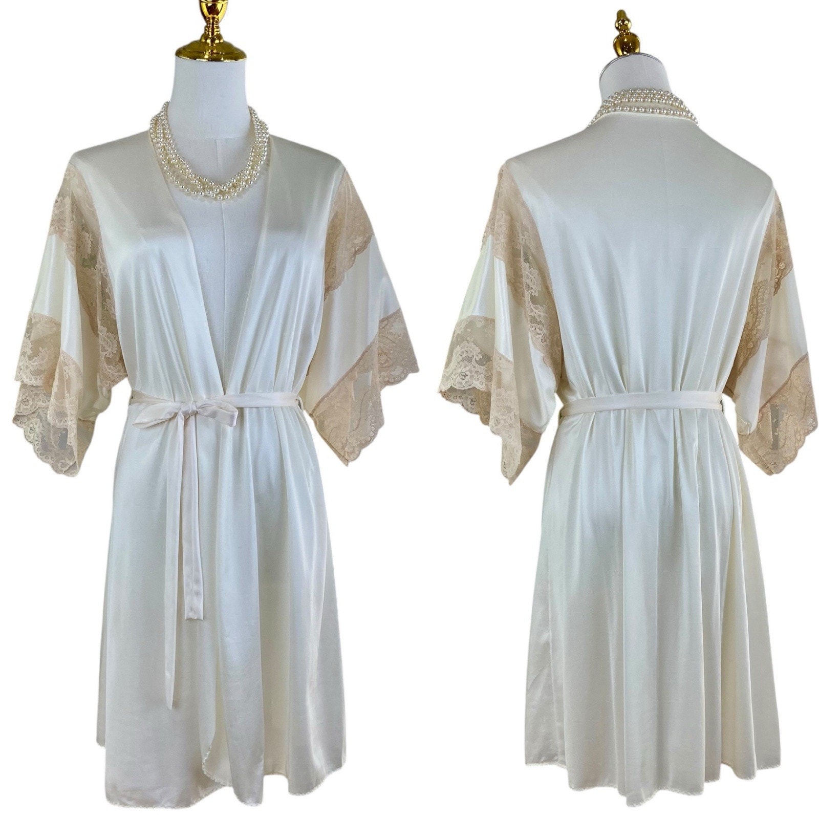 Vintage 90s Romantic Bridal Ivory Nylon & Lace Short Robe Women’s Size M Glam