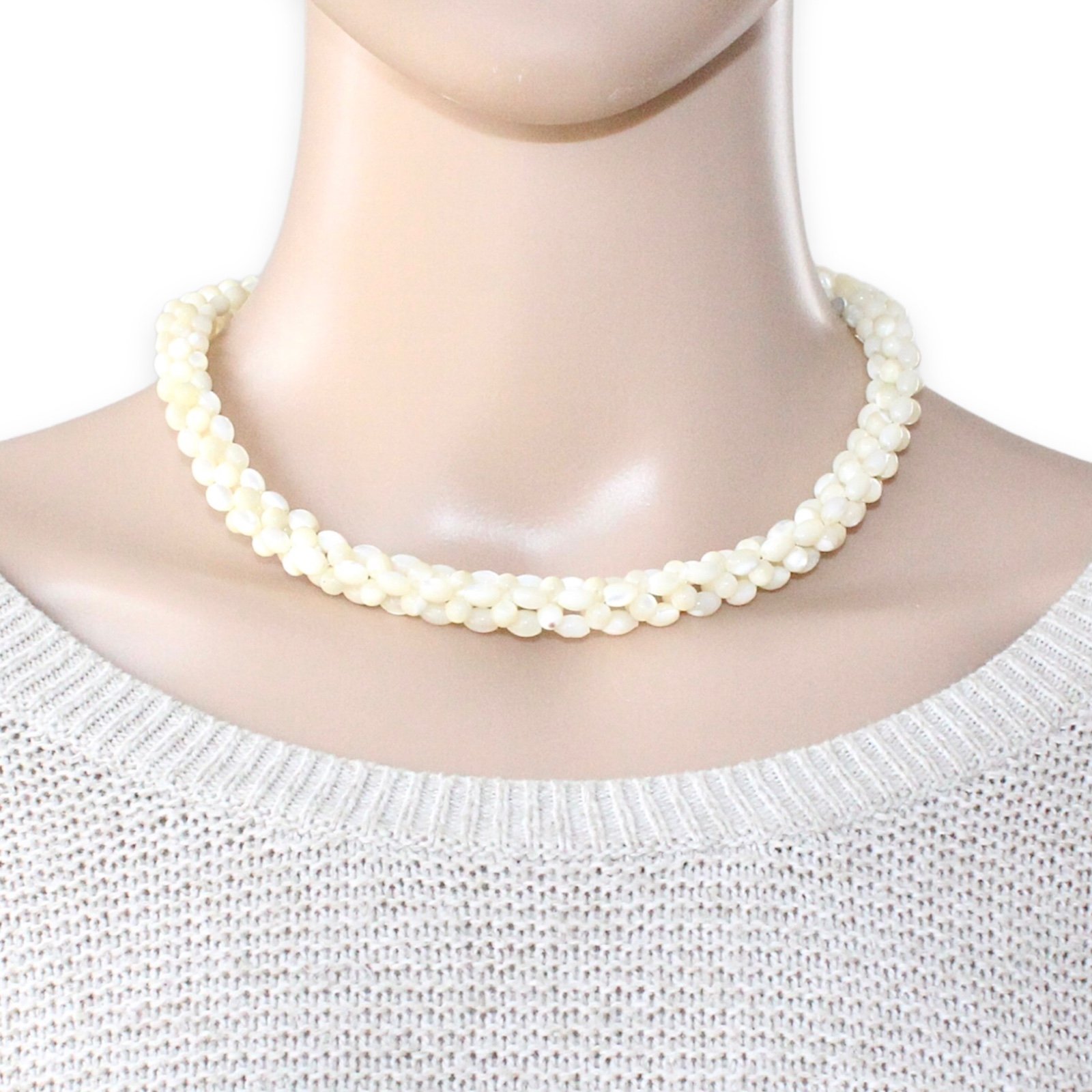Vintage Woven Mother of Pearl Bead Collar Necklace Thick Beaded Rope Choker 17”