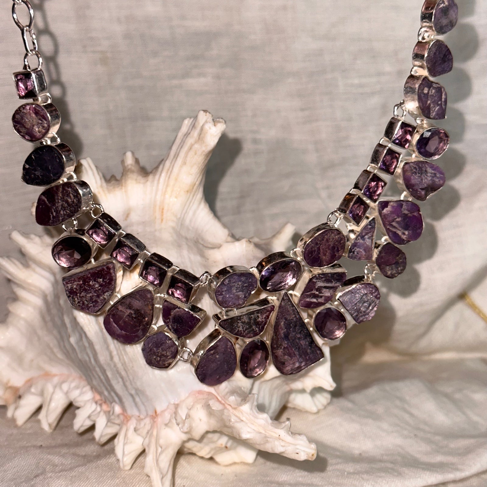 Beautiful Rough Amethyst + Polished Amethyst statement cluster necklace