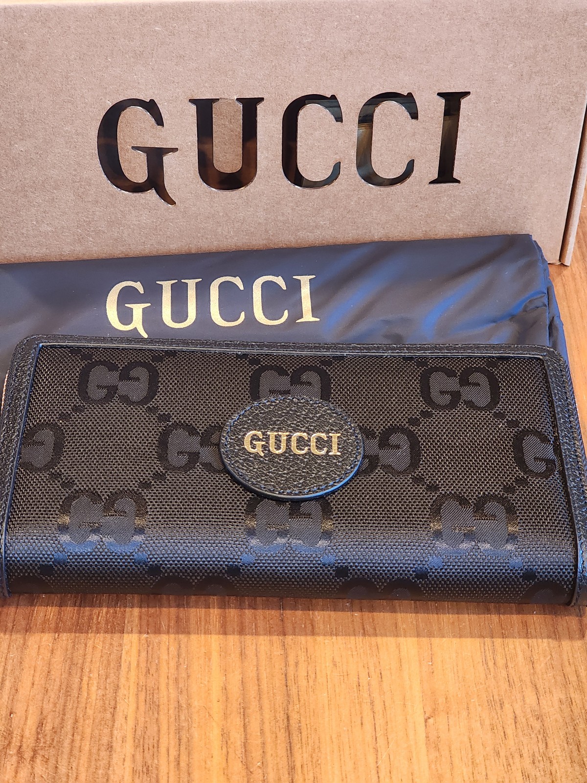 Brand New Gucci GG Continental Wallet Black Canvas Black Leather