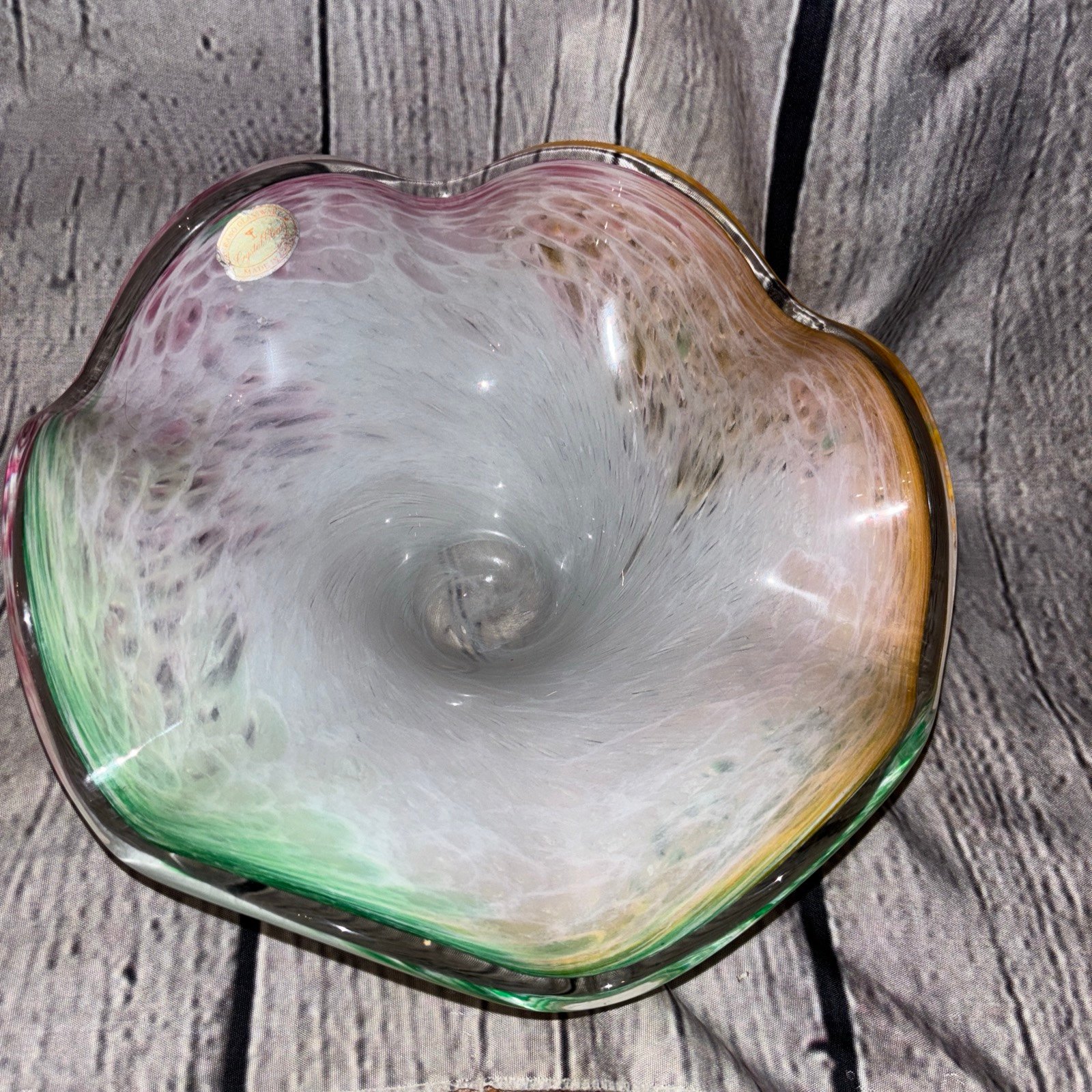 Pastel Murano Glass Centerpiece Bowl 10” Across Pink Green Yellow
