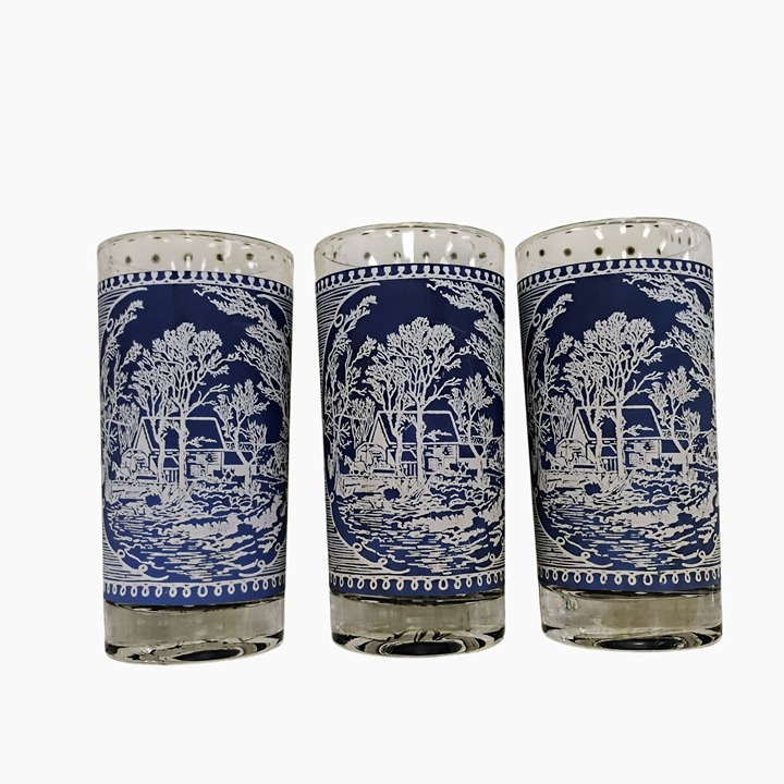 Vintage Currier & Ives Tall Tumbler Glasses, Set of 3, Old Grist Mill Blue 12 oz
