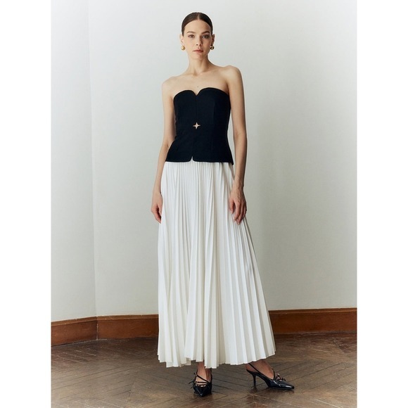 Commense Off Shoulder Pleated Long Dress Strapless Fitted Party Evening size S
