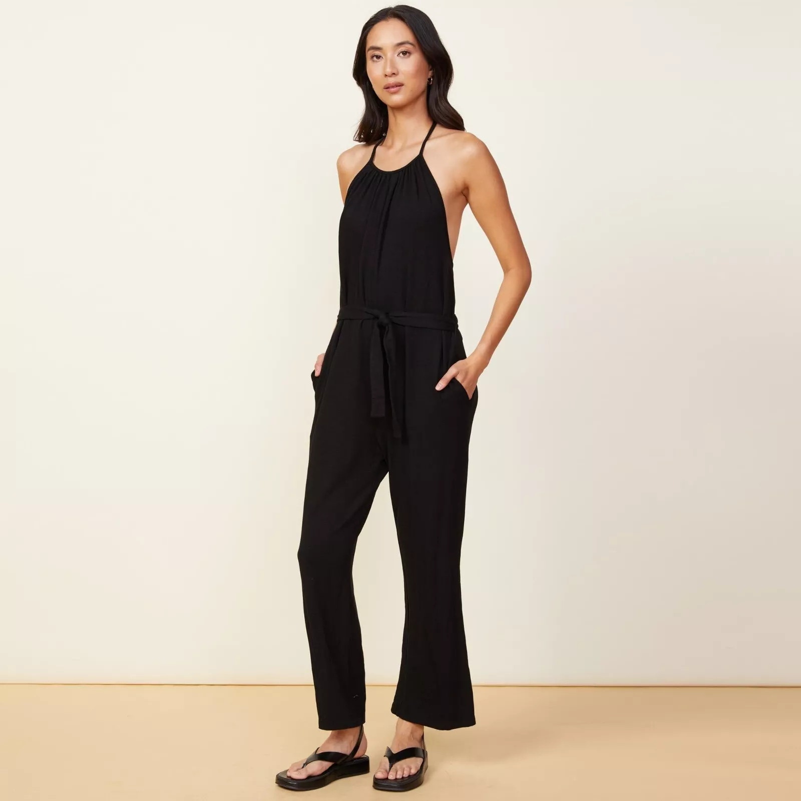 Monrow Women's Super Soft Halter Neck Jumpsuit Black Size Medium NWT