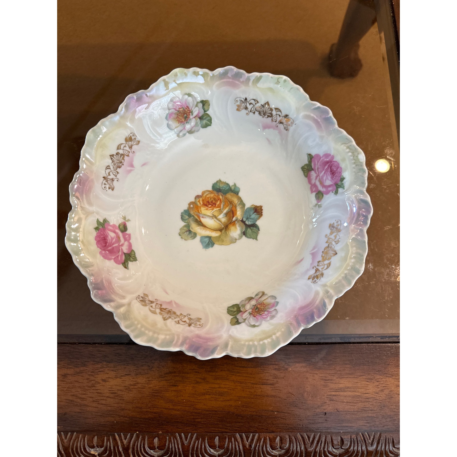 Unmarked Antique German Floral Bowl. 9” Diameter