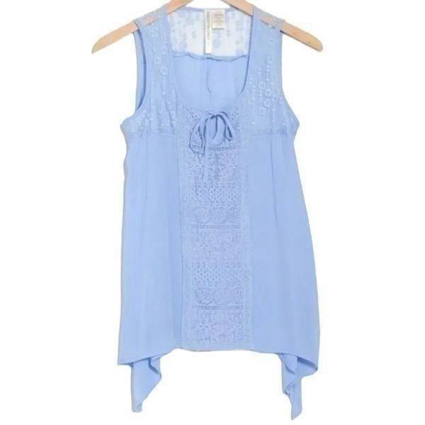 FORGOTTEN GRACE Women’s Top Tank Asymmetrical Lace Key Hole Tie Blue S NWOT