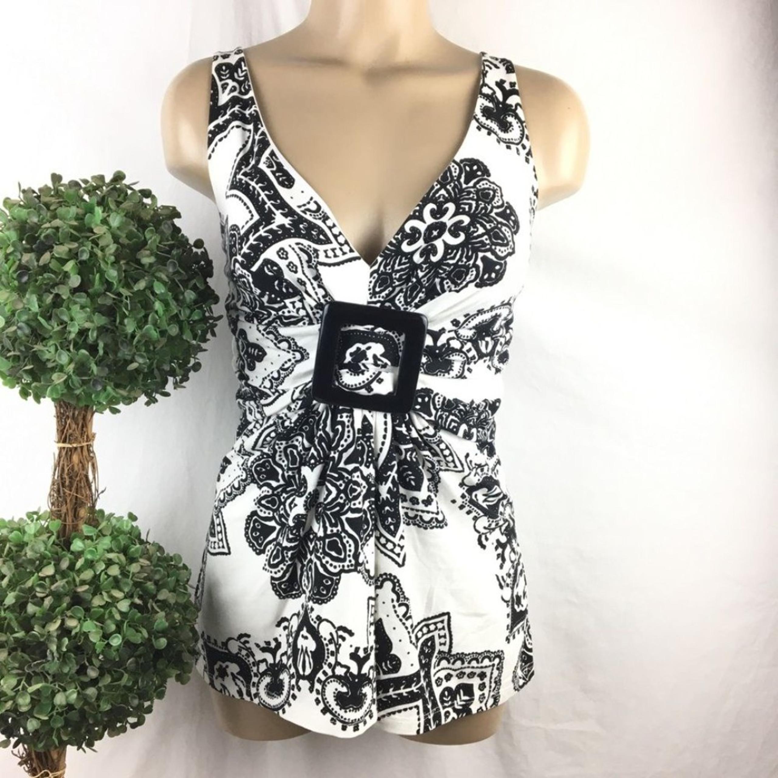 Cache Floral Print Black & White Sleeveless Top L