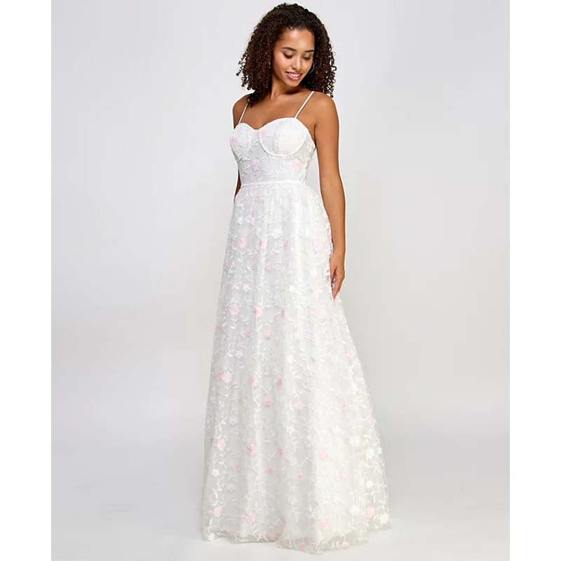 City Studios Floral Embroidered Tulle Bustier Gown Ivory/Pink Prom Formal