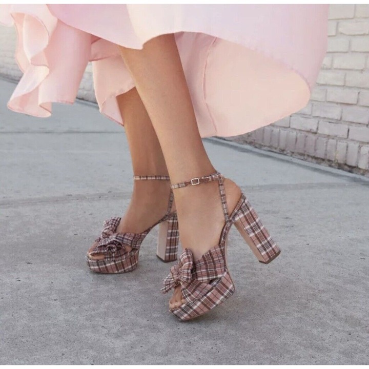 Loeffler Randall Natalia Pleated Bow Platform Heel Strap Sandal Day Plaid US 7.5