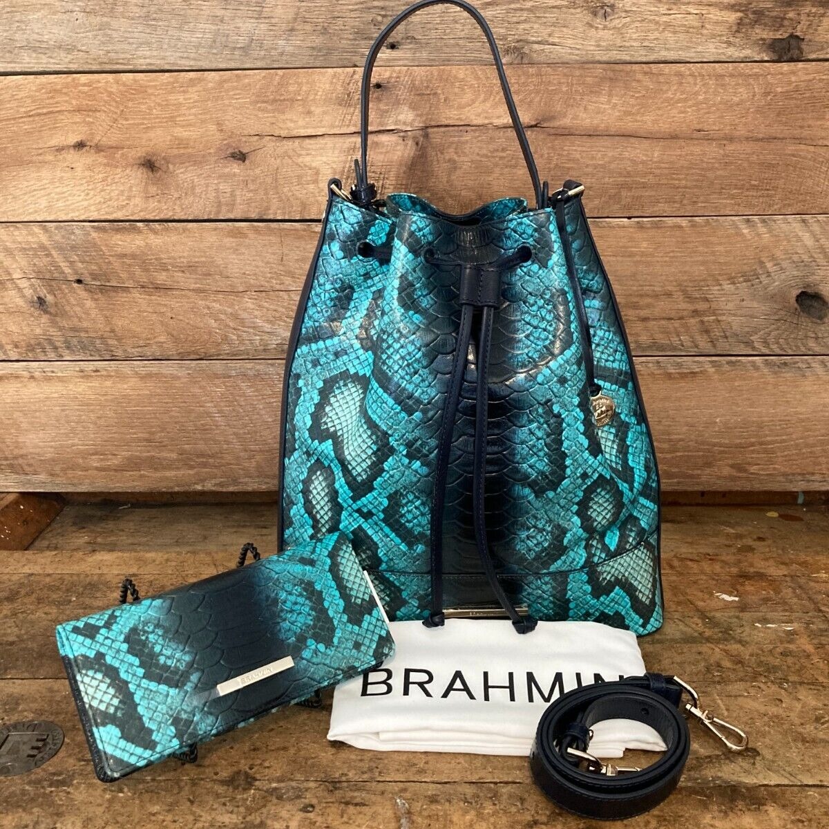Brahmin Marlowe Blue Waterford Leather Drawstring Bucket & Ady Wallet-NWT