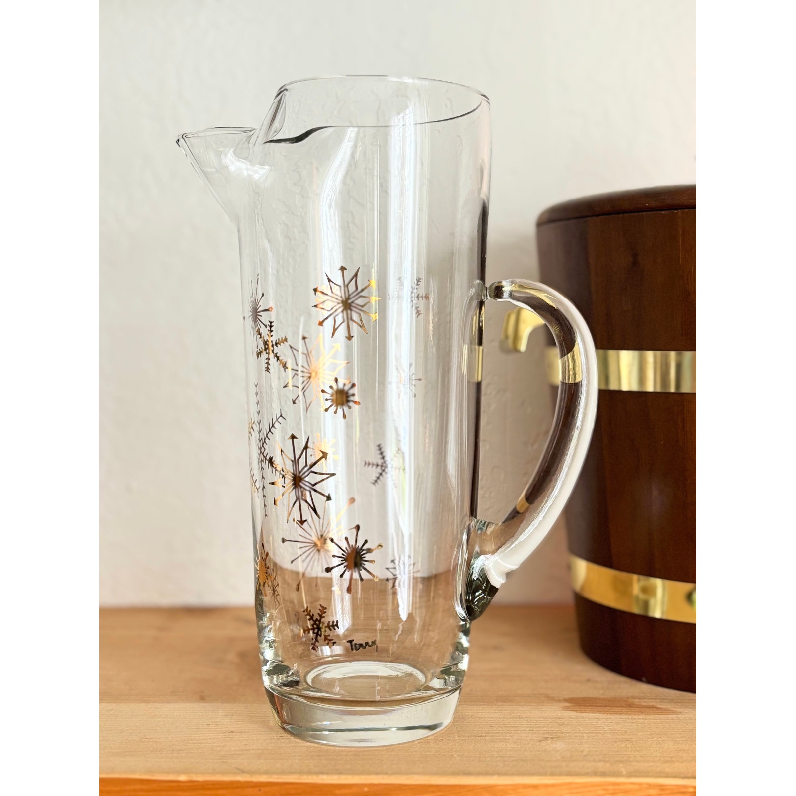 Vintage Mid-Century Atomic Snowflake Glass Pitcher Gold & Black Signed Terry