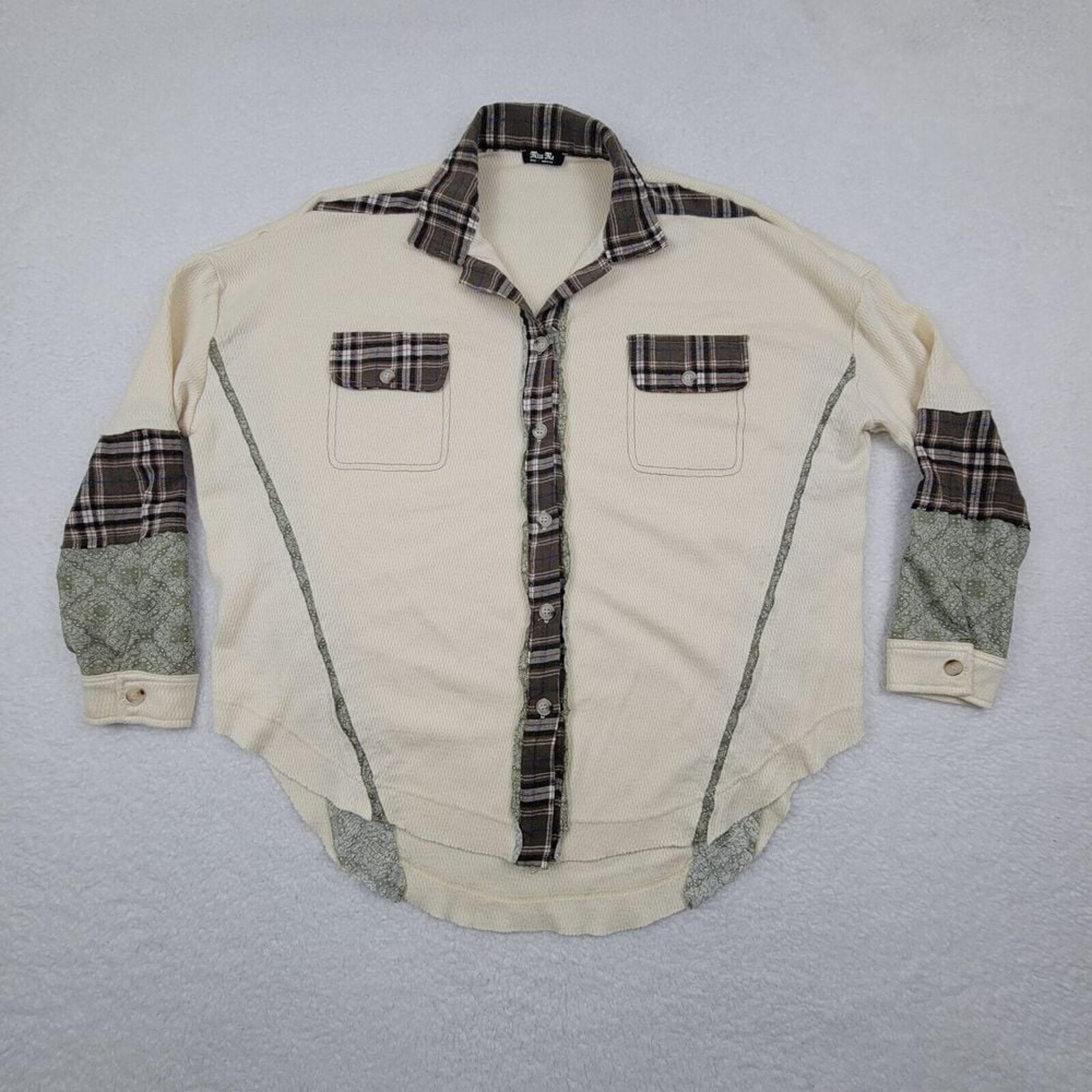 Miss Me Pieced Plaid Button Up Shirt Womens Small S Ivory Rayon Blend Plaid