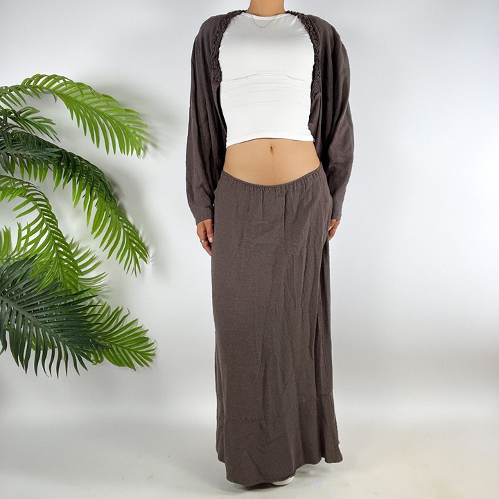 Vintage 90s Brown Crepe Earthy Bohemian Cottagecore Cardigan Maxi Skirt Set / S