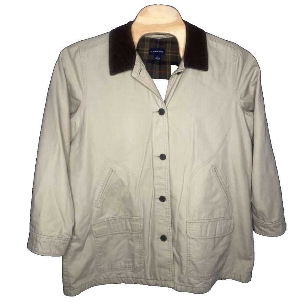 Lands' End Women's coat field jacket barn Chore Corduroy Collar Lined cream 2XL