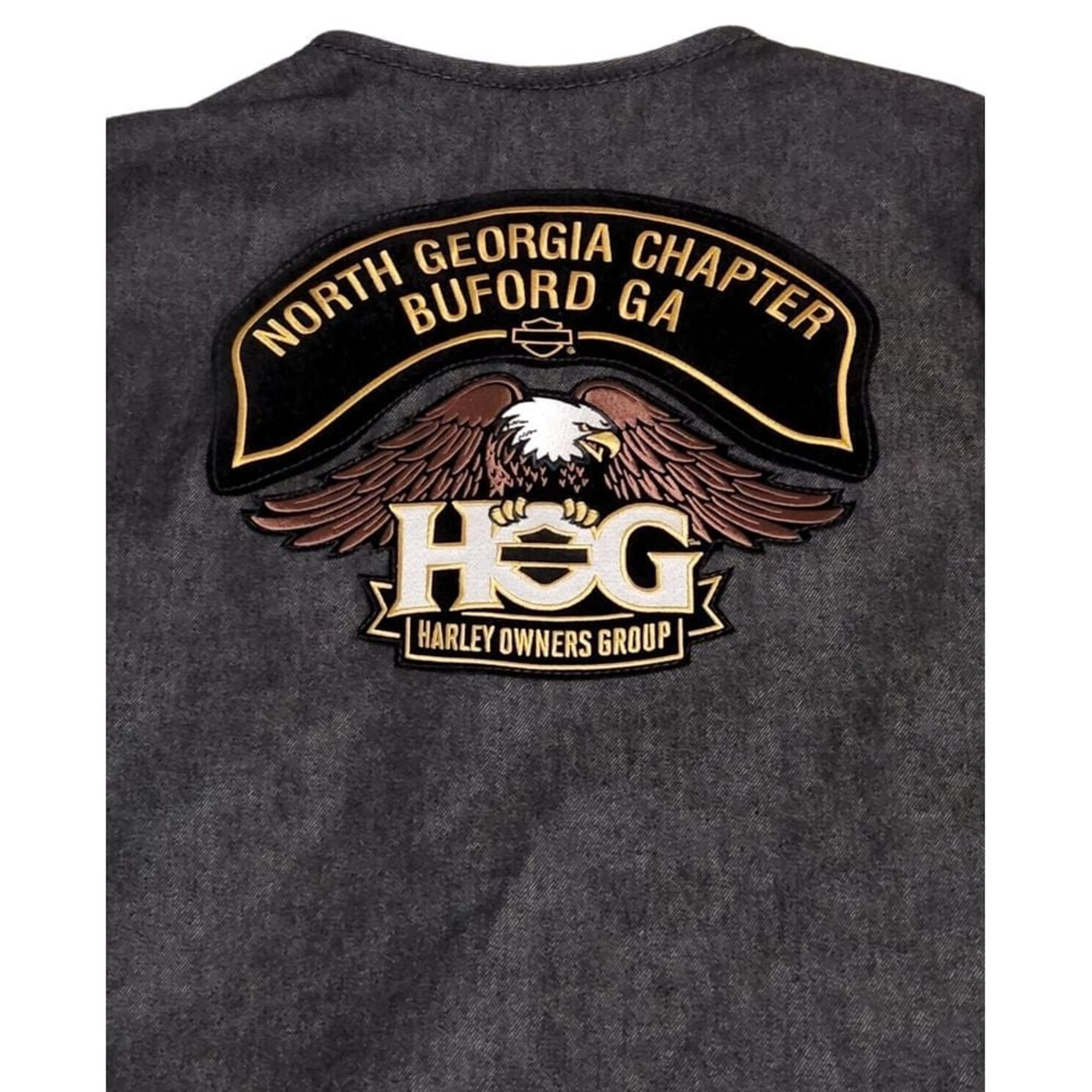 Harley Owners Black Denim Motorcycle Club Vest, Gun Pocket, First MFG Rough Neck