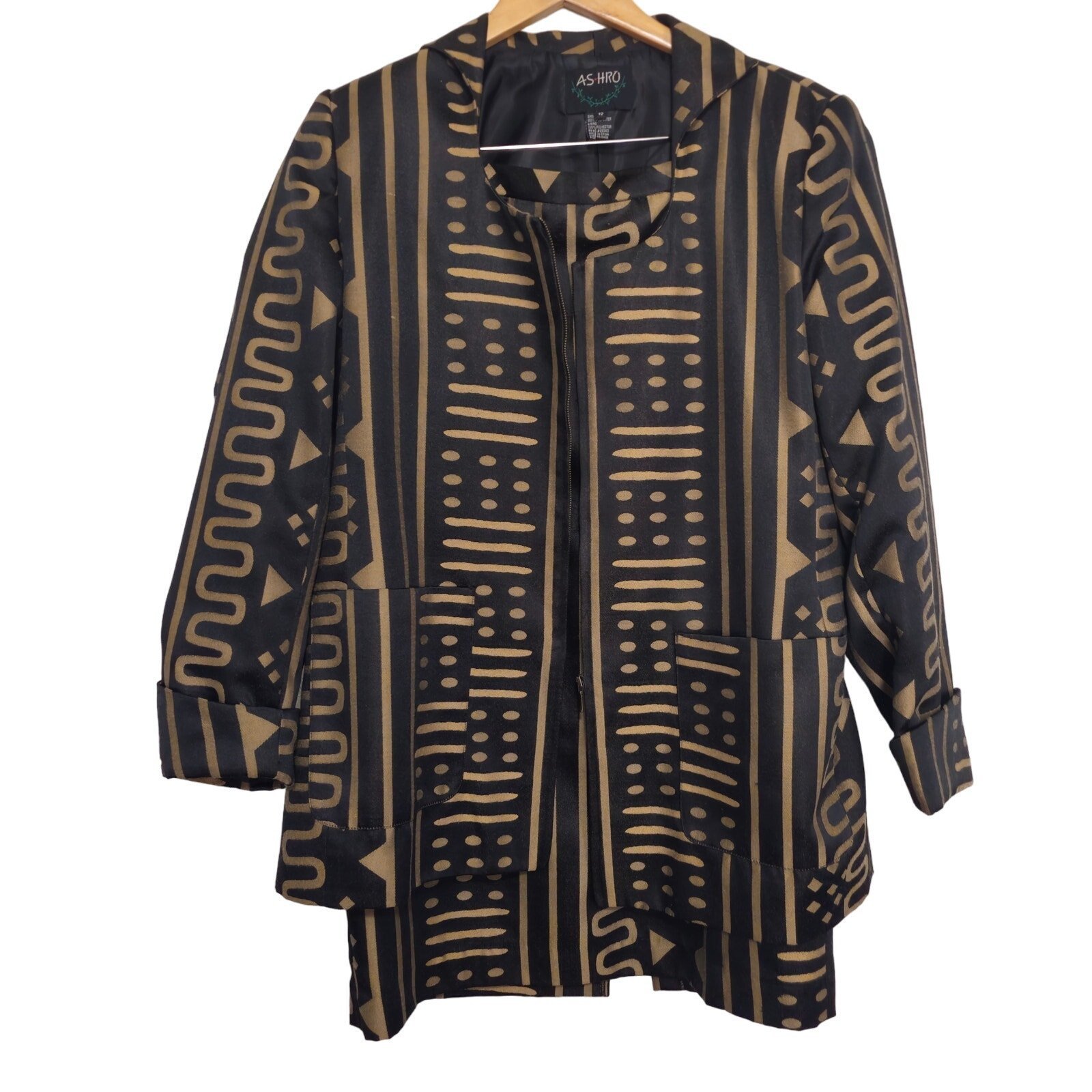 Vintage AS HRO Tribal Print 2 piece Jacket Skirt Midi Size 12 Brown African