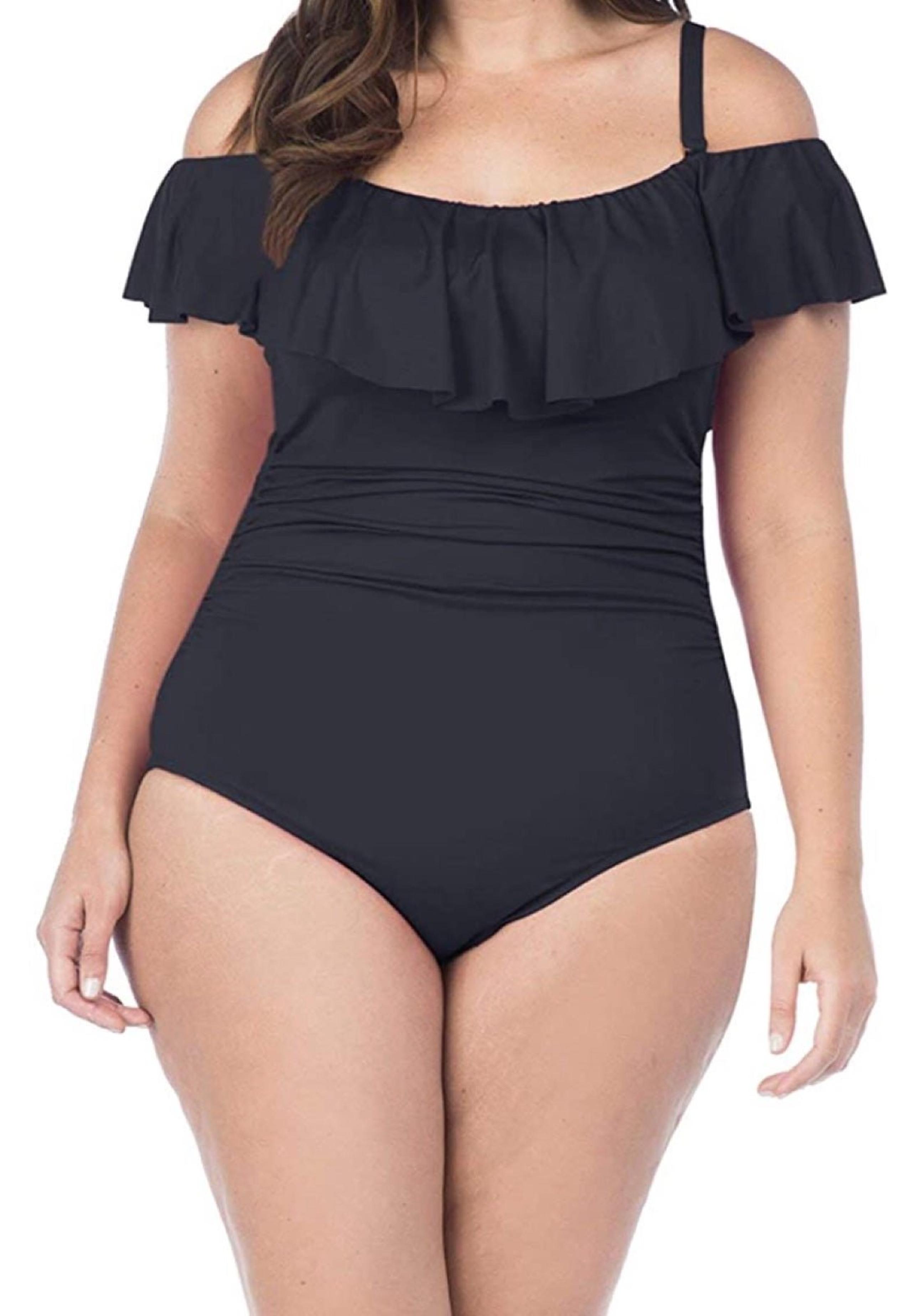 NWT Hanna Nikole Off Shoulder Ruffle One Piece Swimsuit Blk 20W
