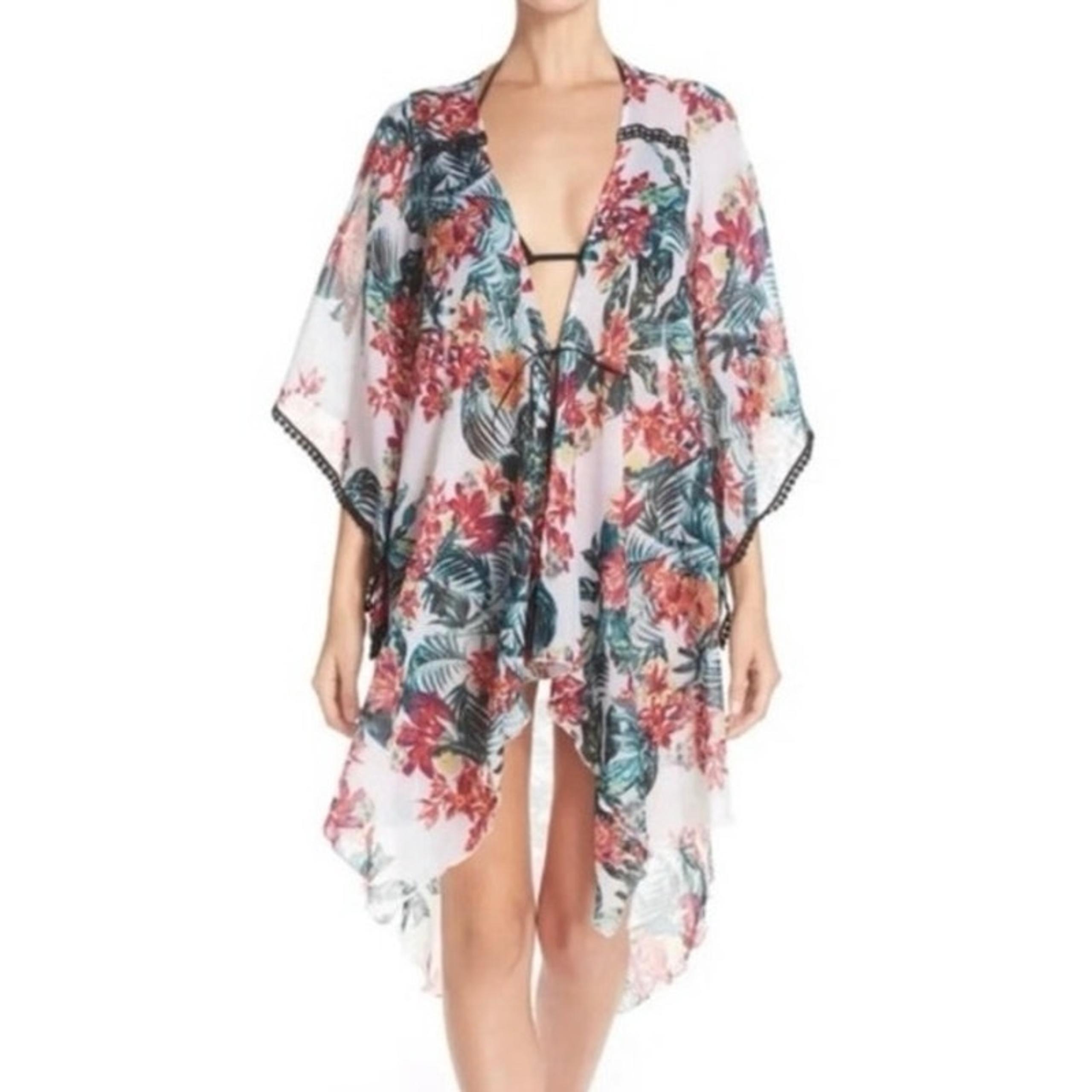 BCBGeneration Revolve Tropical Floral Tassel Sheer Swim Coverup Kimono One Size