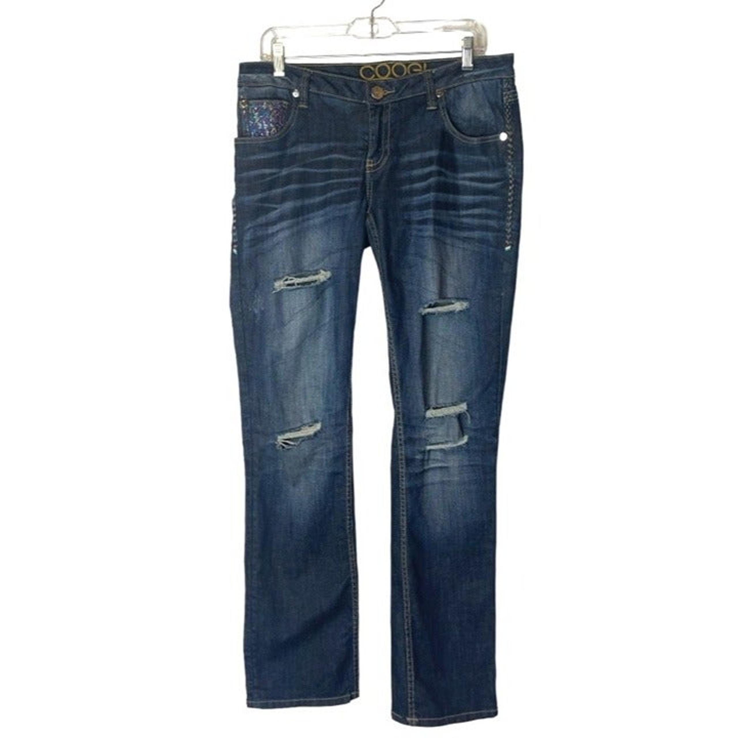 Coogi Blue Medium Wash Distressed Rhinestone Accent Straight Leg Jeans 11/12