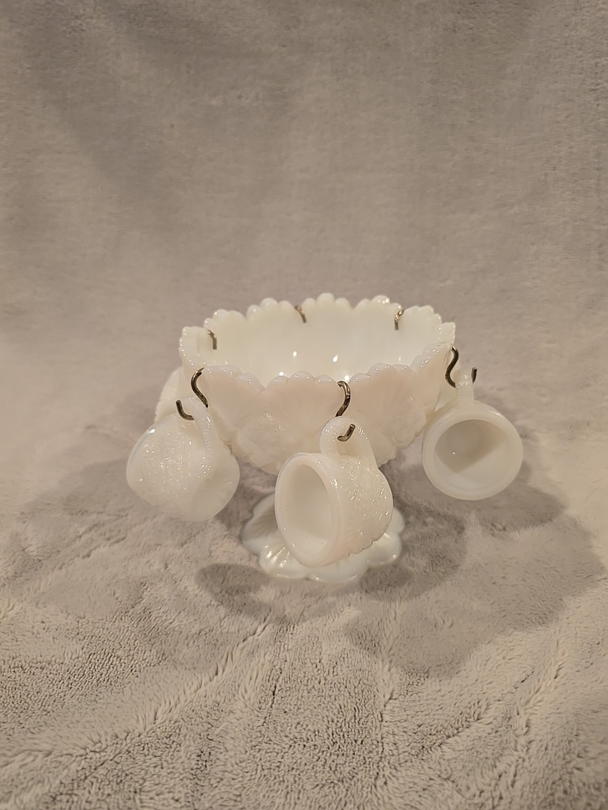 Vintage Westmoreland/Rosso Children's Milk Glass Punch Bowl With 6 Hanging Cups