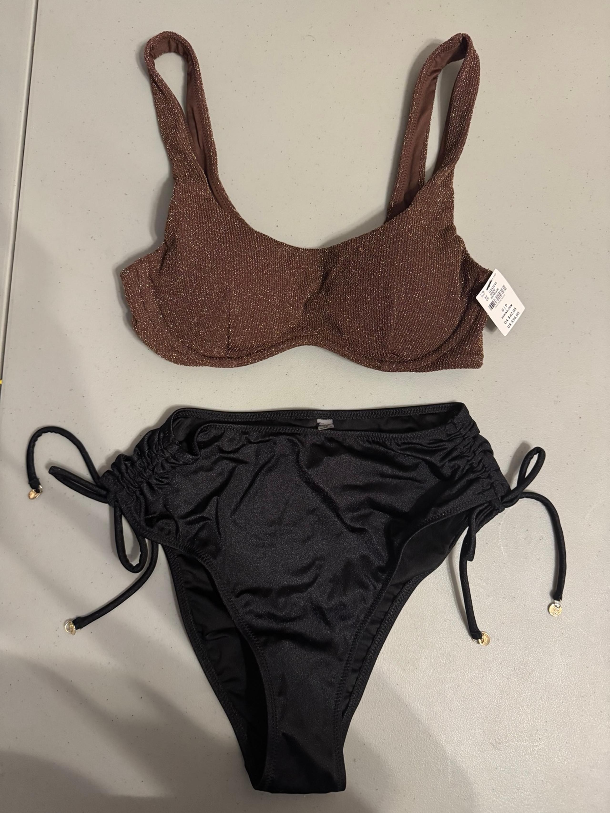 NWT Victoria’s Secret Swim Pink S Bronze Shimmer U/W Bikini Black Tie Bottom Set
