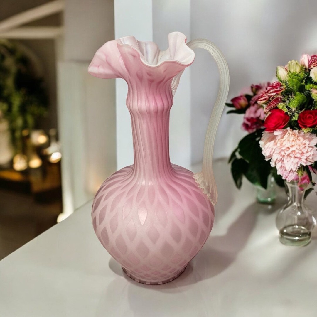 VTG Mt Washington Style Pink Diamond Quilted Cased Satin Glass Pitcher Ewer READ