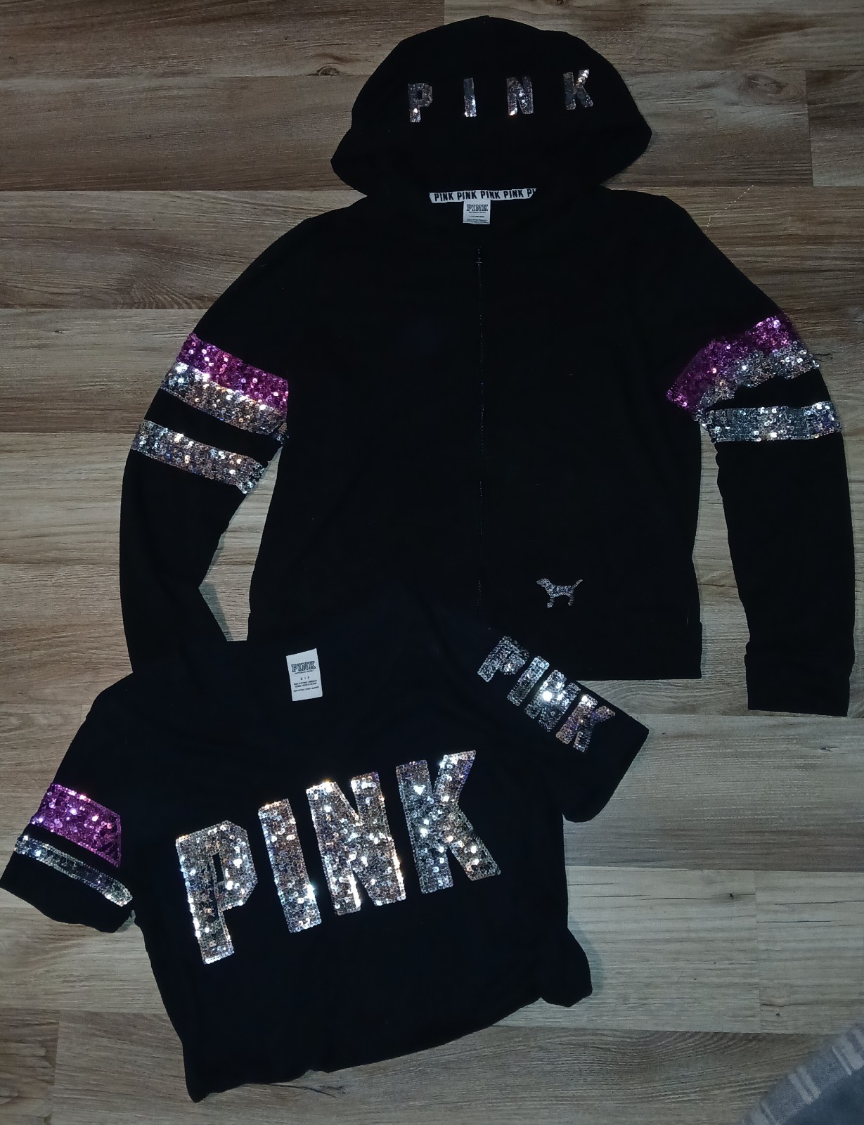 PINK Victoria's Secret 2 PIece Purple/Silver Bling Sequin FullZip Hoodie, Tshirt