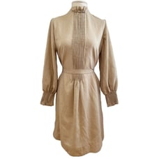 VINTAGE 60s/70s Gold High Collar Long Bishop Sleeve Belted Party Dress Size S