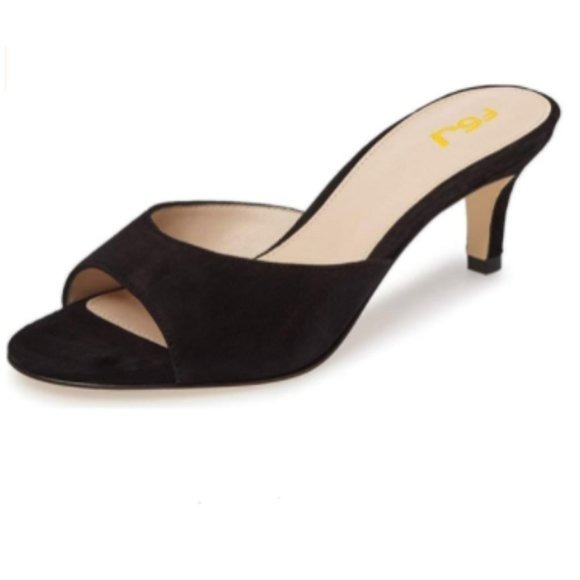 FSJ Black Comfort Low Heel Sandals Peep Toe Mules Dress Shoe