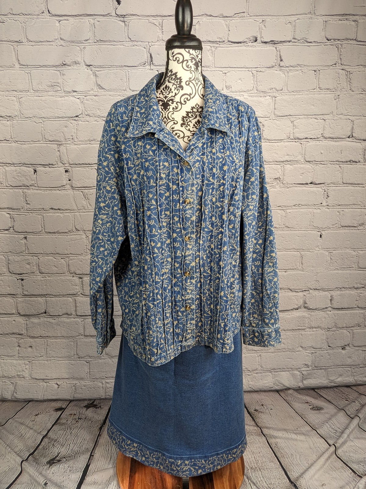 Denim & Co women's button front long sleeve skirt set size 2x floral print B26