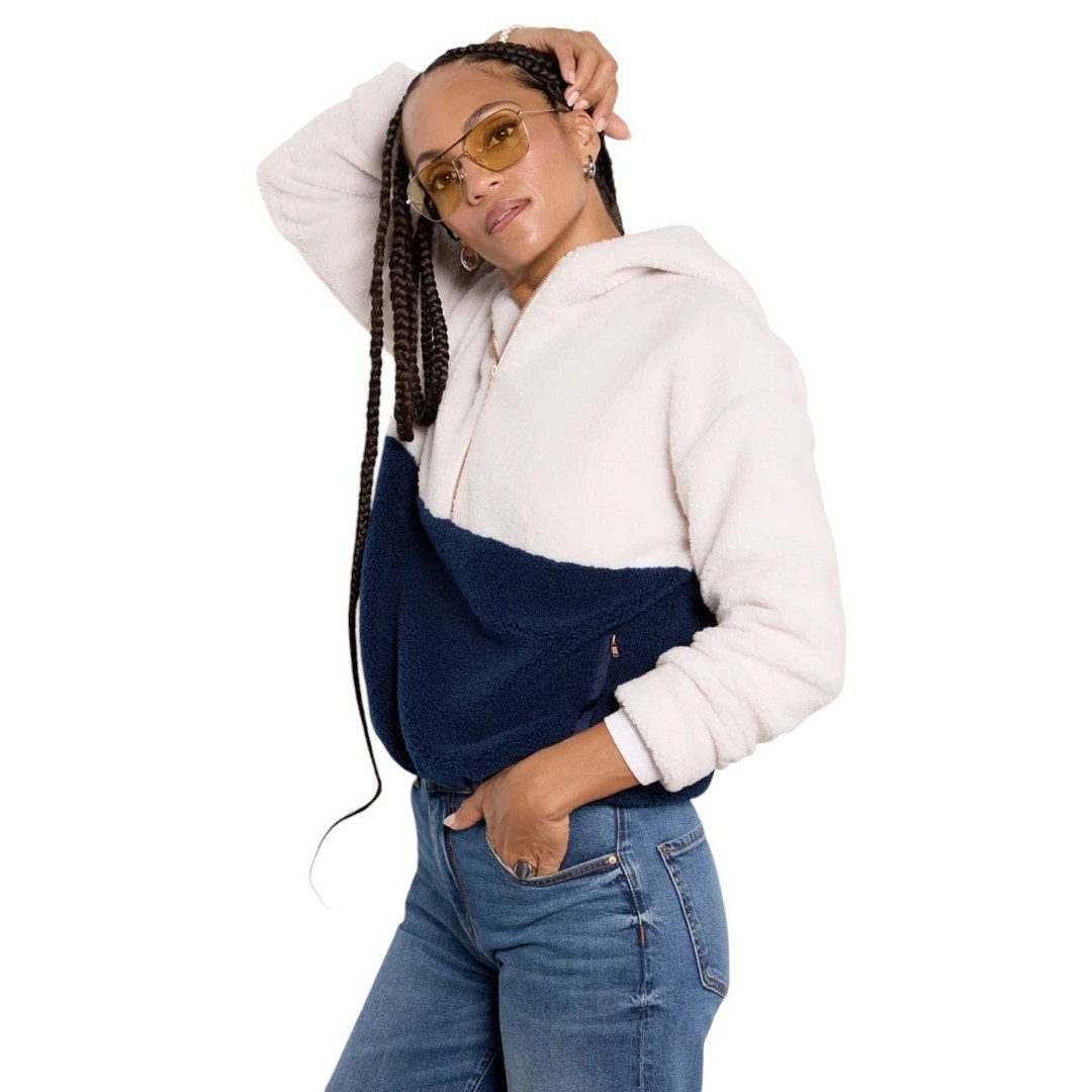 Evereve XS Reese Sherpa Quarter Zip Pullover Hooded Fleece Sweatshirt Navy Ivory
