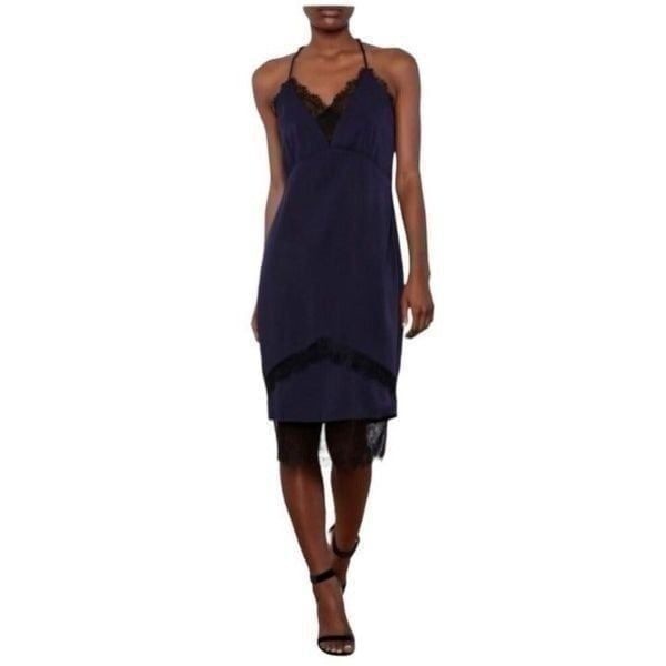 Adelyn Rae Lace Trin Spaghetti Cross Strap V-neck Slip Dress Blue Black XS