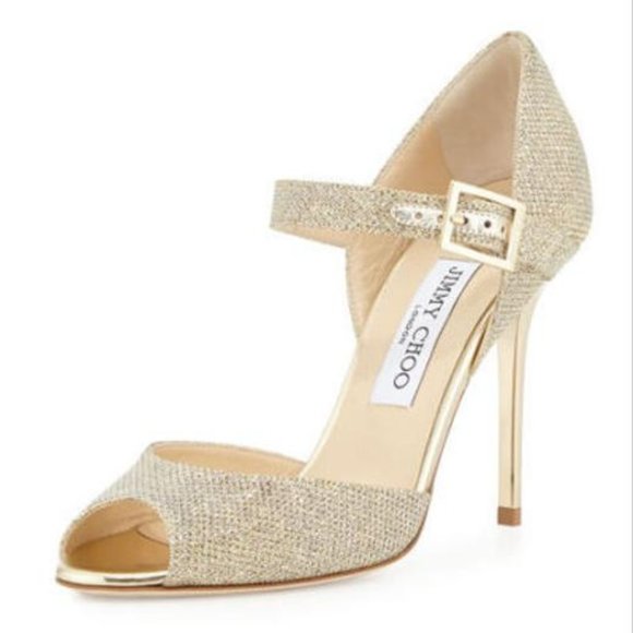Jimmy Choo Champagne Gold 247 Lace Mary Jane Glitter Classic Pumps Sandals 7.5